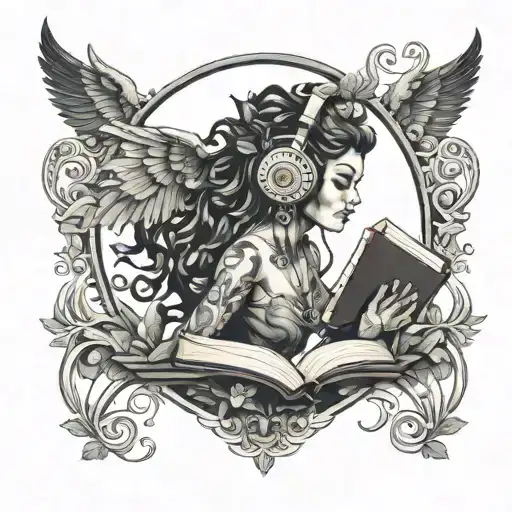 gaia with headphones surrounded with book tattoo design idea