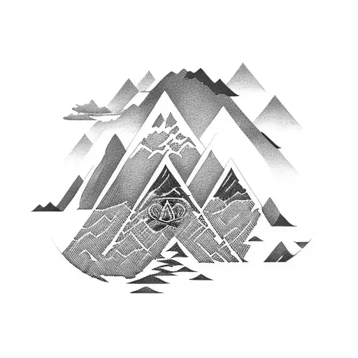 A dotwork tattoo of a hiking trail winding through a dense forest towards a silhouette of Linkin Park's logo on a mountain peak tattoo design idea
