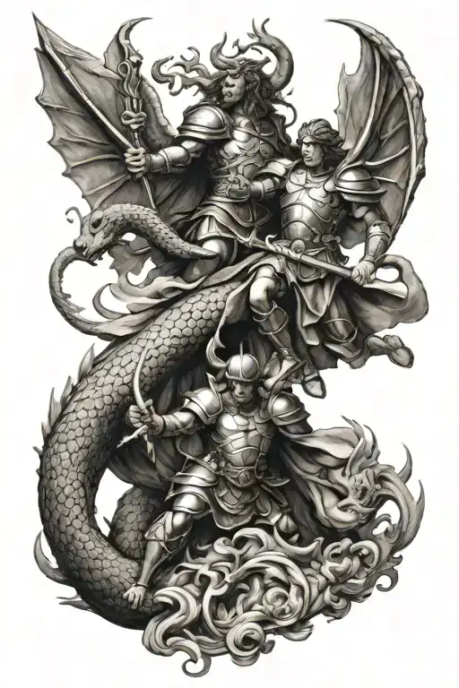 St. Florian and St. Michael fighting death and a dragon tattoo design idea