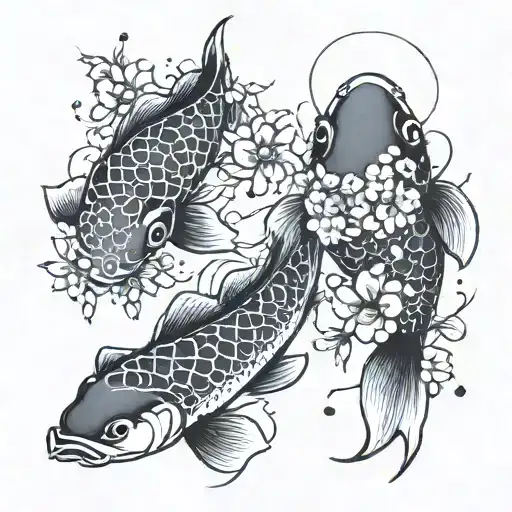 2 koi fish and cherry blossoms and Pisces constellation  tattoo design idea