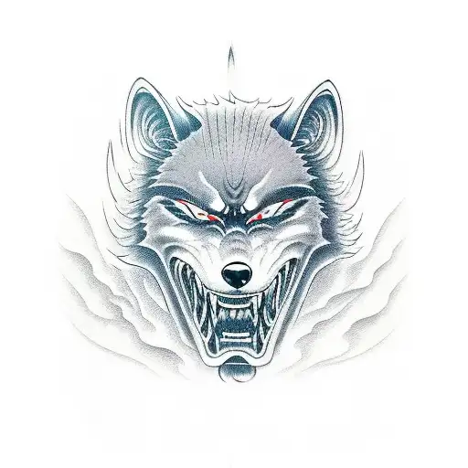 Katana vertical with half a demonic wolf's mouth emanating from the blade of the Katana tattoo design idea