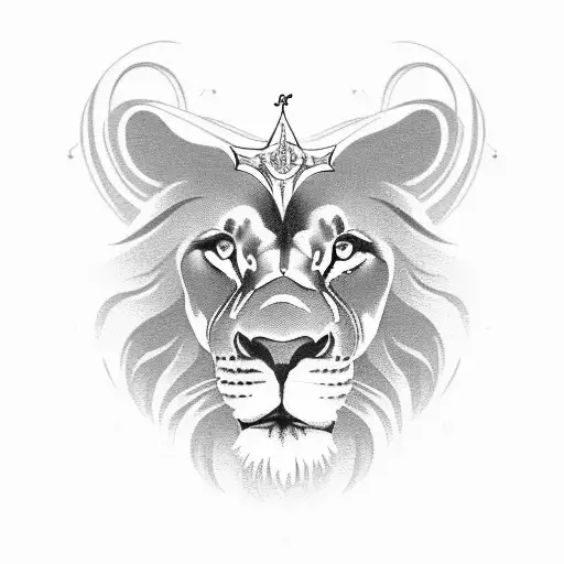 Lion avec une croix de Jésus et des nuages tattoo design idea