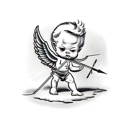 baby cupid shooting an arrow in mid air with big wings tattoo design idea