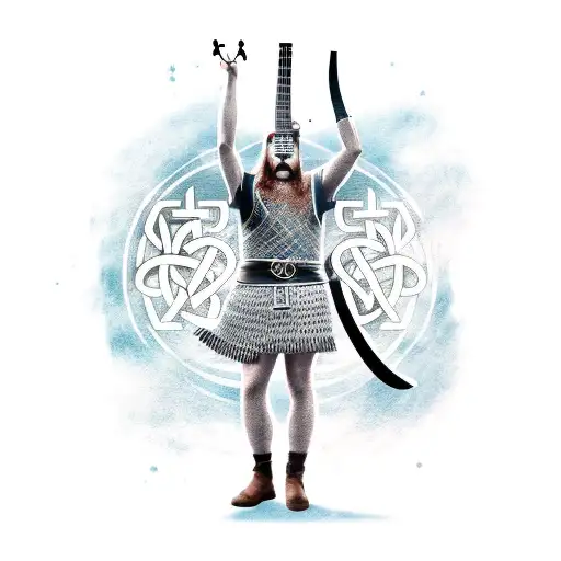A Viking warrior playing a guitar with runes inscribed on the body of the guitar tattoo design idea