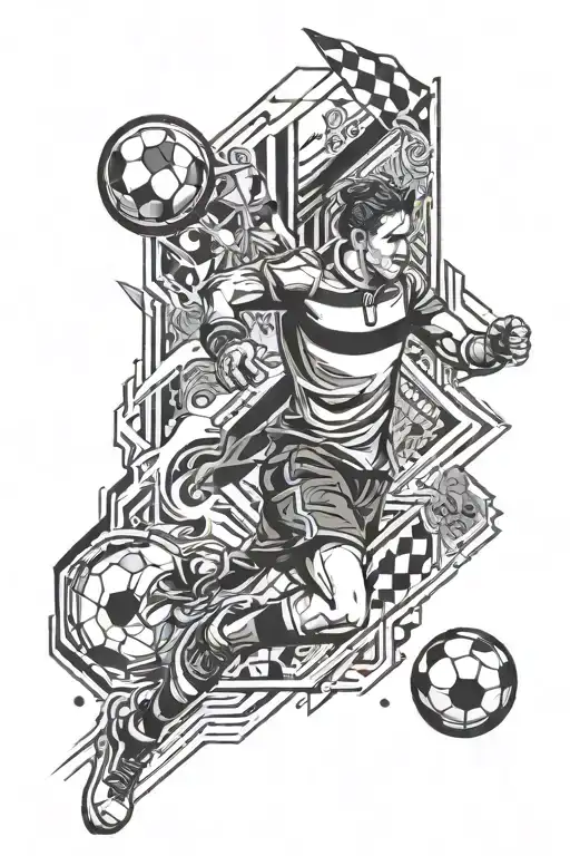 A dynamic tattoo design inspired by football, gaming, and darts in a blackwork style tattoo design idea