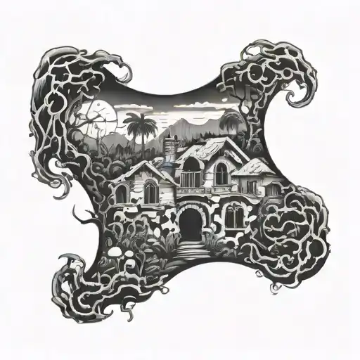 A surreal tattoo of a jungle landscape with hidden vampire teeth and crazy clown faces peeking through the darkness tattoo design idea