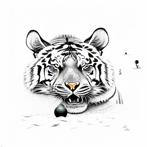 A tiger playing cricket on a beach with a motorcycle parked nearby tattoo design idea