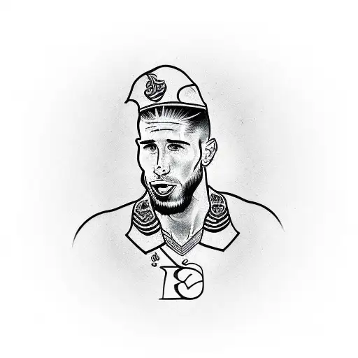 Design a traditional tattoo featuring Sergio Ramos in a futbol action pose tattoo design idea