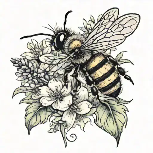 A bee, a sprig of lavender and the words ‘Just like a memory, you never left me, you just left too soon' tattoo design idea