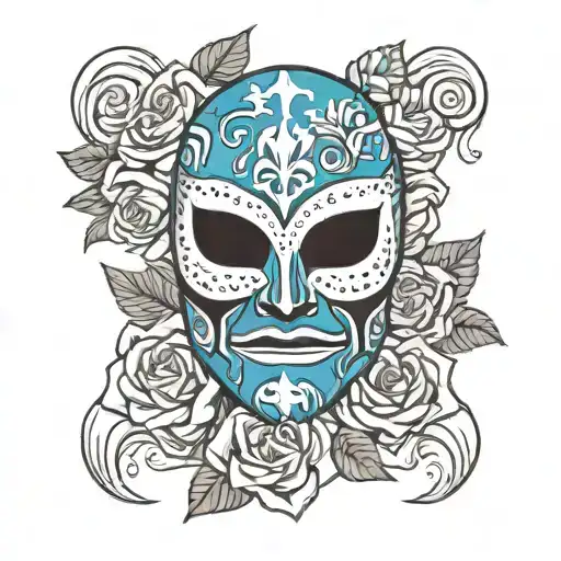 blue demon lucha libre wrestling mask surrounded by roses intertwined tattoo design idea