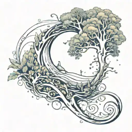 A psychedelic tattoo incorporating elements of nature that's a long S shaped tattoo design idea