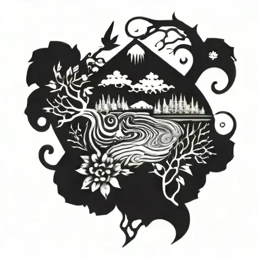 A psychedelic tattoo incorporating elements of nature that's a long S shaped tattoo design idea