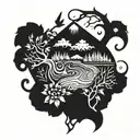 A psychedelic tattoo incorporating elements of nature that's a long S shaped tattoo design idea