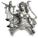 A realistic drawing of Lady Justice statue holding scales and a sword, with delicate details and shading tattoo design idea