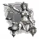 A realistic drawing of Lady Justice statue holding scales and a sword, with delicate details and shading tattoo design idea