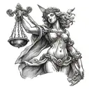 A realistic drawing of Lady Justice statue holding scales and a sword, with delicate details and shading tattoo design idea