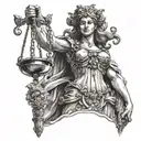 A realistic drawing of Lady Justice statue holding scales and a sword, with delicate details and shading tattoo design idea