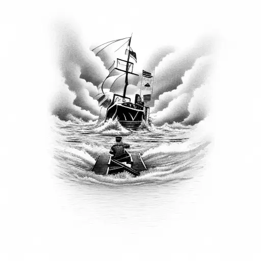 A mariner steering a boat through a bayou filled with fish tattoo design idea