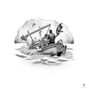 A mariner steering a boat through a bayou filled with fish tattoo design idea