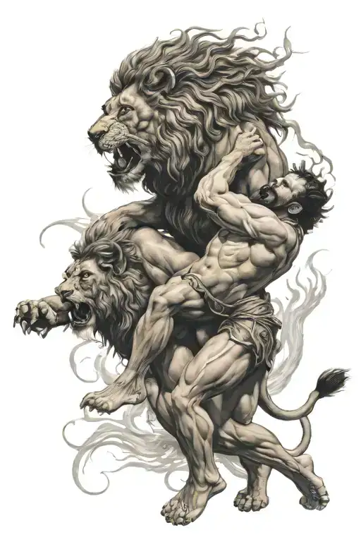 hurcules and a lion wrestling hurculea has the lion in a suplex over his back  tattoo design idea