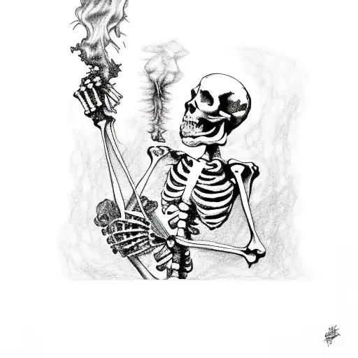 A skeleton, from the Grateful Dead lore, playing a resofonic guitar, smoking a cigarette tattoo design idea
