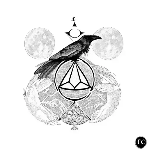 raven and a crab under the moon with triangle and cancer zodiac incoorperated . tattoo design idea