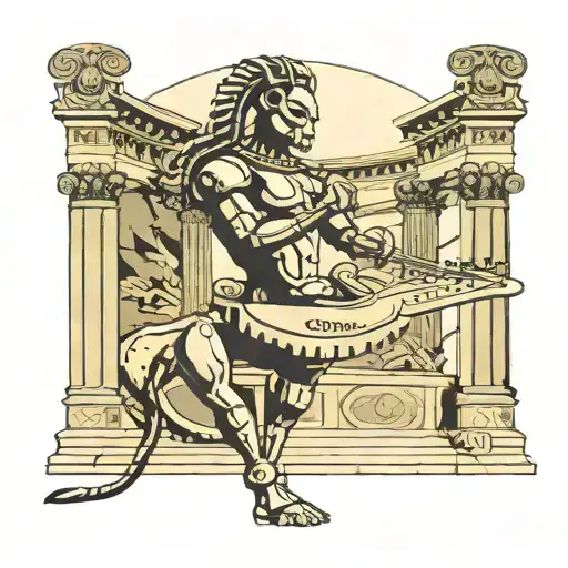 A robotic centaur playing a lyre in a futuristic Greek amphitheater tattoo design idea