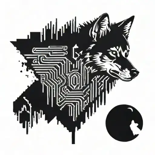 A cyber security themed tattoo incorporating elements of binary code and a wolf silhouette tattoo design idea