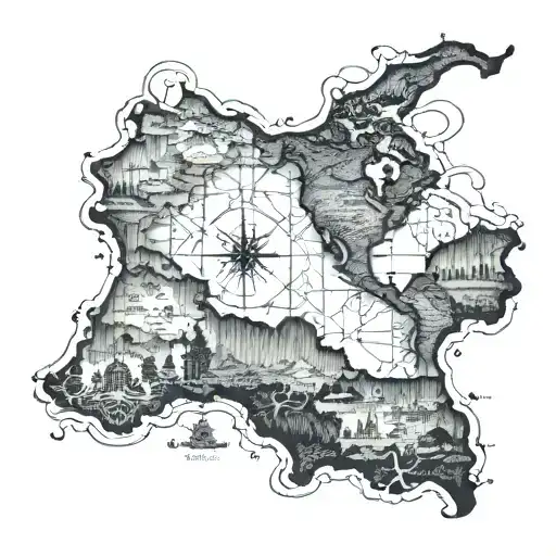 A blackwork tattoo of a map of Colombia with intricate compass details representing a passion for travel tattoo design idea