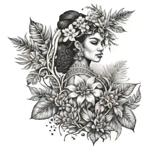 A dotwork tattoo of a traditional Colombian dancer surrounded by lush jungle foliage tattoo design idea
