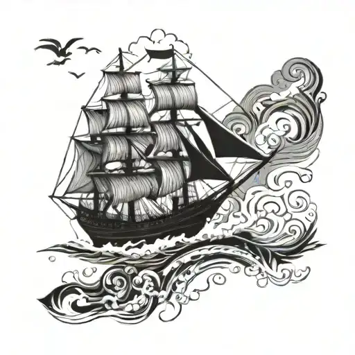 A blackwork tattoo of a majestic sailing ship exploring the Colombian coast tattoo design idea