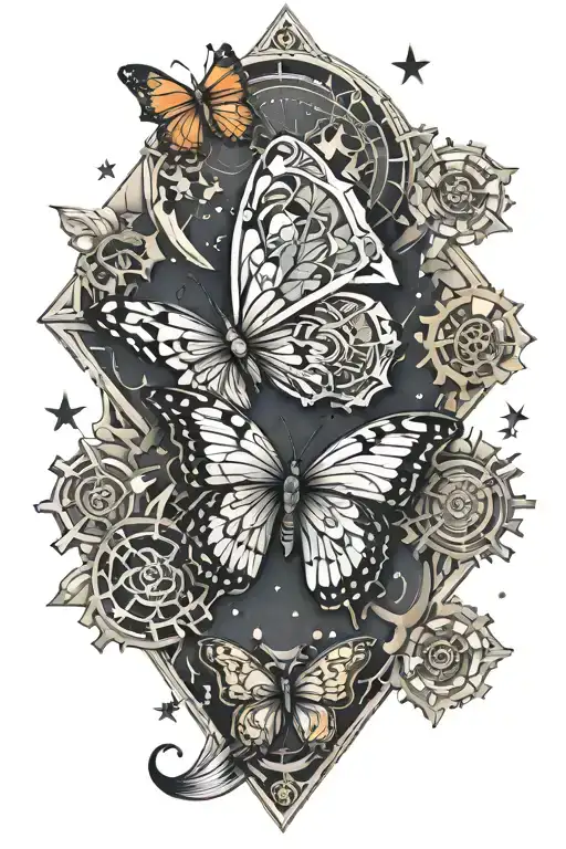 butterfly, fox, fine line, elegant, realism, nature, sky, stars, cogs tattoo design idea