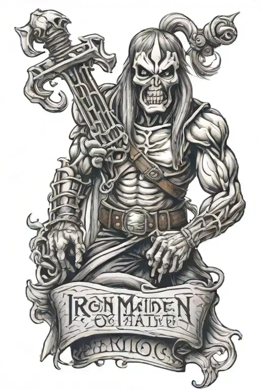iron maiden eddie holding a scroll tattoo design idea