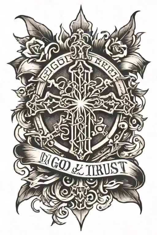 cross tattoo with thorns wrapped around and the words "in god we trust" tattoo design idea
