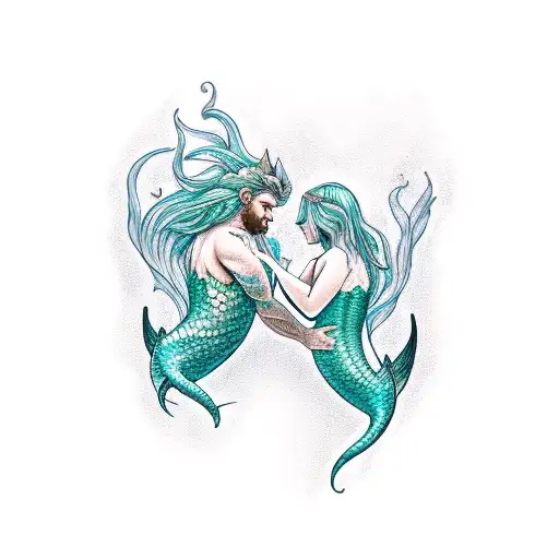 merman and mermaid in love tattoo design idea