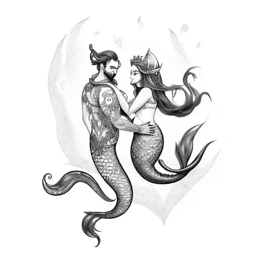 merman and mermaid in love tattoo design idea