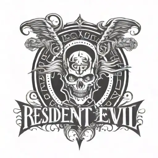 The inscription "Resident Evil" in a horror style  , in a semicircle tattoo design idea