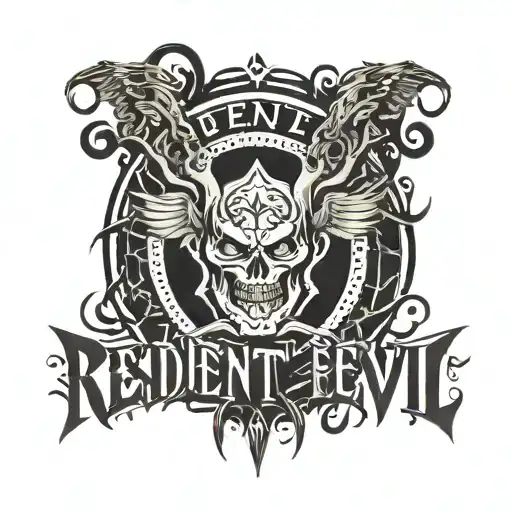 The inscription "Resident Evil" in a horror style  , in a semicircle tattoo design idea