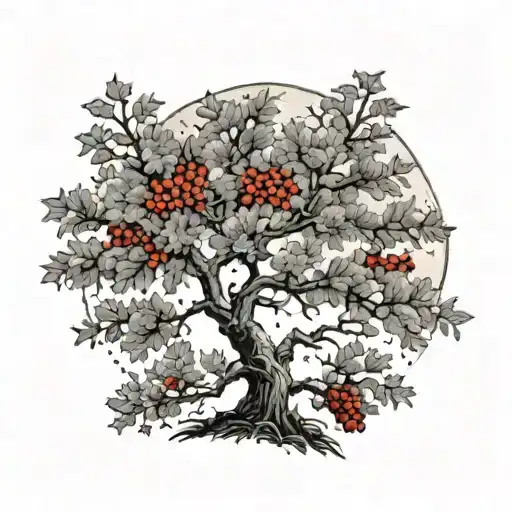 Rowan tree with bright berries, on hill , 95% waning moon, clear sky  tattoo design idea