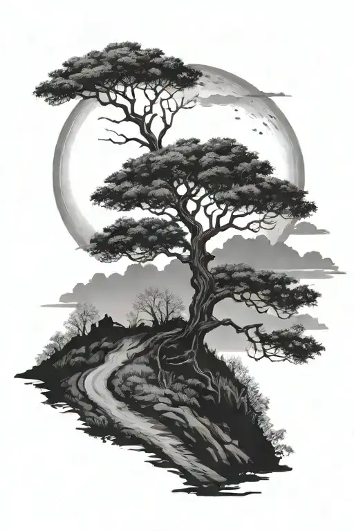 Rowan tree on hill , 95% waning moon, lonely road tattoo design idea