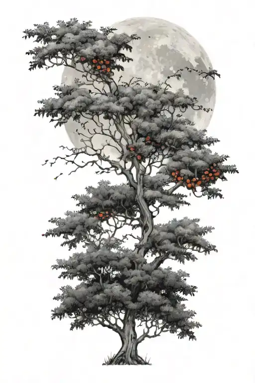 Rowan tree with berries, on hill , 95% waning moon, clear sky  tattoo design idea