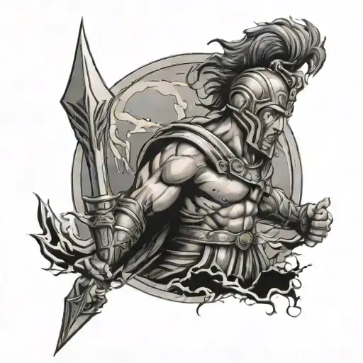 A black-grey tattoo featuring a Greek gladiator holding a spear and surrounded by bolts of lightning tattoo design idea