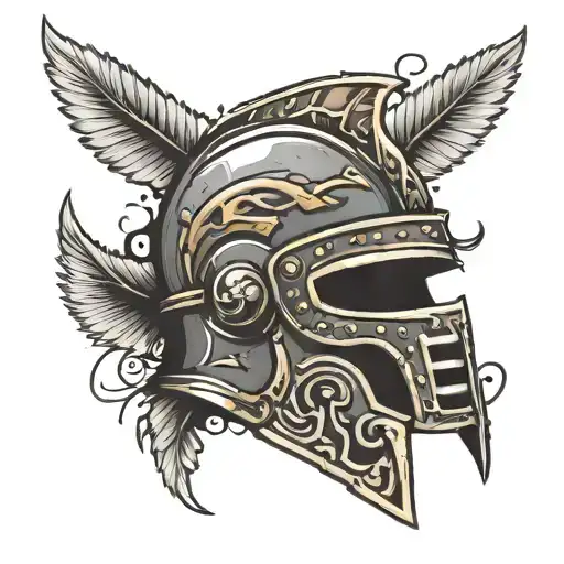 Incorporate the phrase 'No Fear' in bold, powerful lettering around a gladiator helmet design tattoo design idea