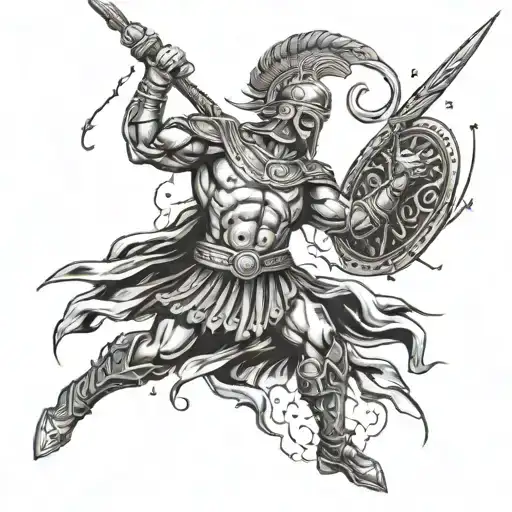 A fearless Greek gladiator wielding a spear surrounded by lightning bolts tattoo design idea