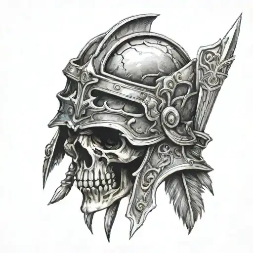 Gladiator helmet, skull, spear, no fear tattoo design idea