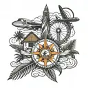 compass, airplane taking off, ny Statue of Liberty and Miami Beach with palm trees  tattoo design idea