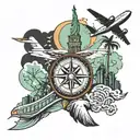 compass, airplane taking off, ny Statue of Liberty and Miami Beach with palm trees  tattoo design idea