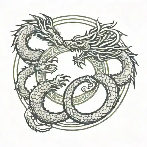 two dragons in a circle upper part a lion head lower part a scorpion tattoo design idea