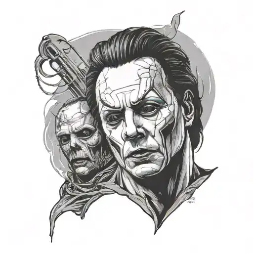 A sleeve tattoo design with portraits of Michael Myers tattoo design idea