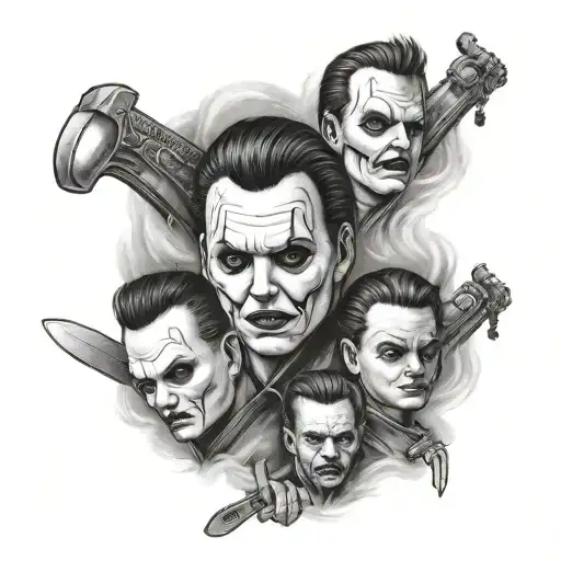 A sleeve tattoo design with portraits of Michael Myers, Jason, and Chucky intertwined with horror movie quotes tattoo design idea